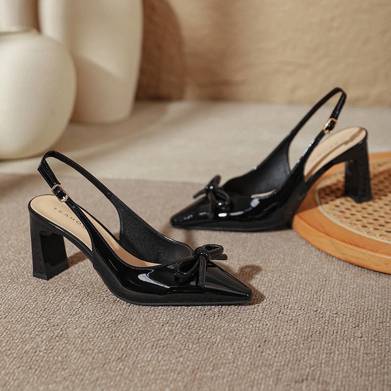 2025 Summer New Little Chic Women's Sandals - Toe-Covered Backless, Bow Decor, Chunky Heel, Fashionable Versatile, Elegant Party/Date Shoes XW-9612-2