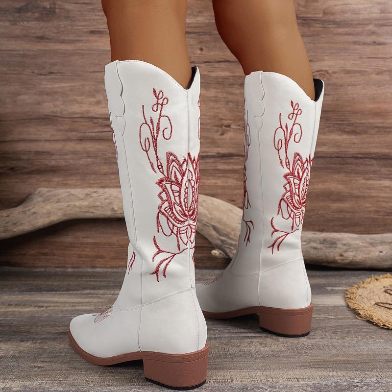 Plus Size Women Embroidered Chunky Heel Knee High Riding Boots