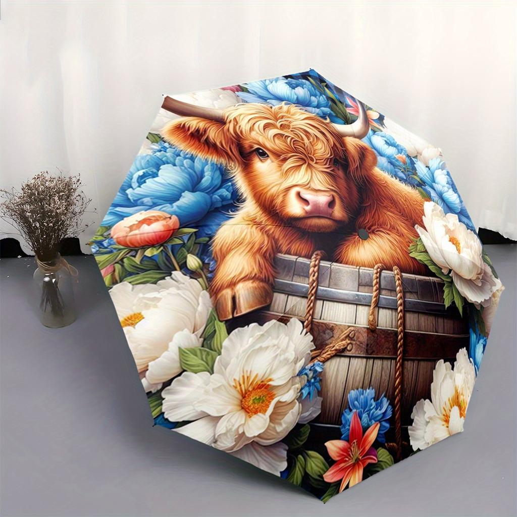 1 Stück Automatischer Auf-/Zuklapp-Schirm mit Schottischem Hochlandrind & Blumen-Design am Griff - Robuste 8-Speichen-Konstruktion, Kompakt faltbar