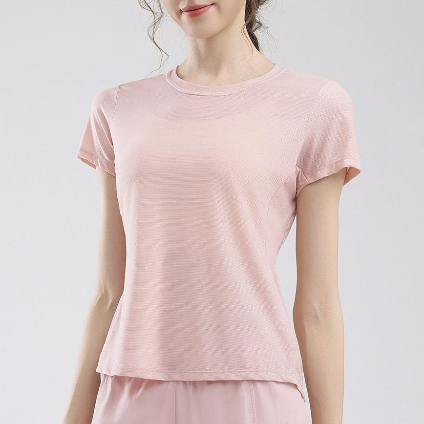 

Женская быстросохнущая футболка с коротким рукавом и круглым вырезом, прилегающего кроя, для йоги и бега S розовый