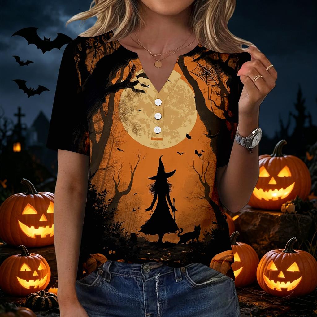 Women's Casual Halloween Print V Neck Short Sleeve Button Detail T Shirt Top Suitable for Everyday Wear and Seasonal Events