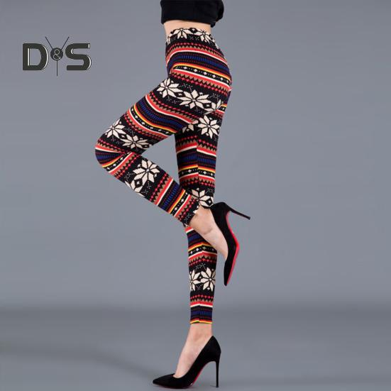 Høst Vinter Damebukser Snowflake Elgtrykk Høy midje Magekontroll Myk Elastisk Termisk Skinny Butt løftet Yogabukse Lady Leggings