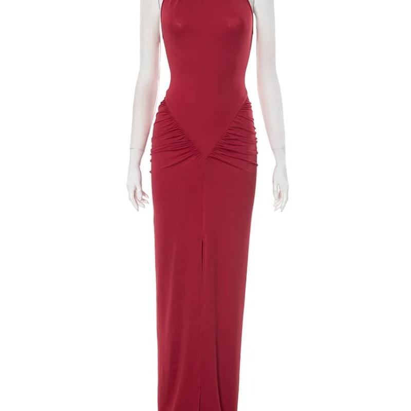 Halter Ruched Sleeveless Sexy Maxi Dress Women Gown Fashion Slim High Waist Evening Club Party Split Long Dress