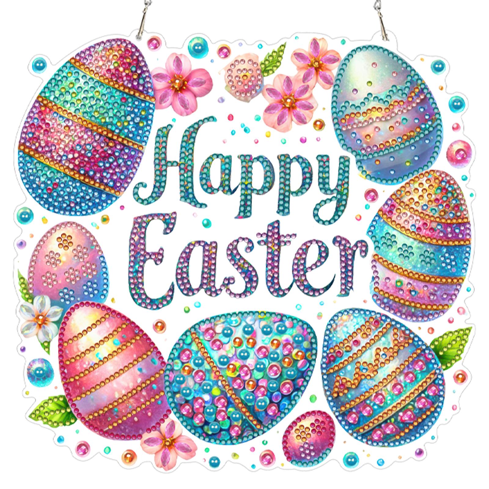 

Happy Easter DIY 2D Flat Acrylic Hanging Diamond Art Kits Double Sided Diamond Painting Rhinestone Pendant for Home Garden Decor