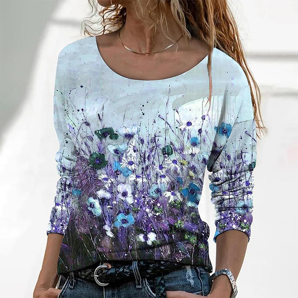 Spring and Autumn Round Neck 3D Floral Painting Printed T-shirts Fashionable Casual Long Sleeved Women's T-shirts