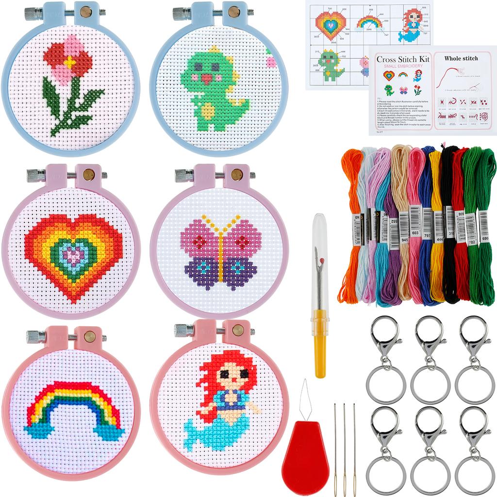 6 Stück Stickerei Anfänger-Sets DIY Kreuzstich-Set Stickerei Starter-Set Tragbarer Nadelentferner Einfädelwerkzeug Mit Stickrahmen Kinder