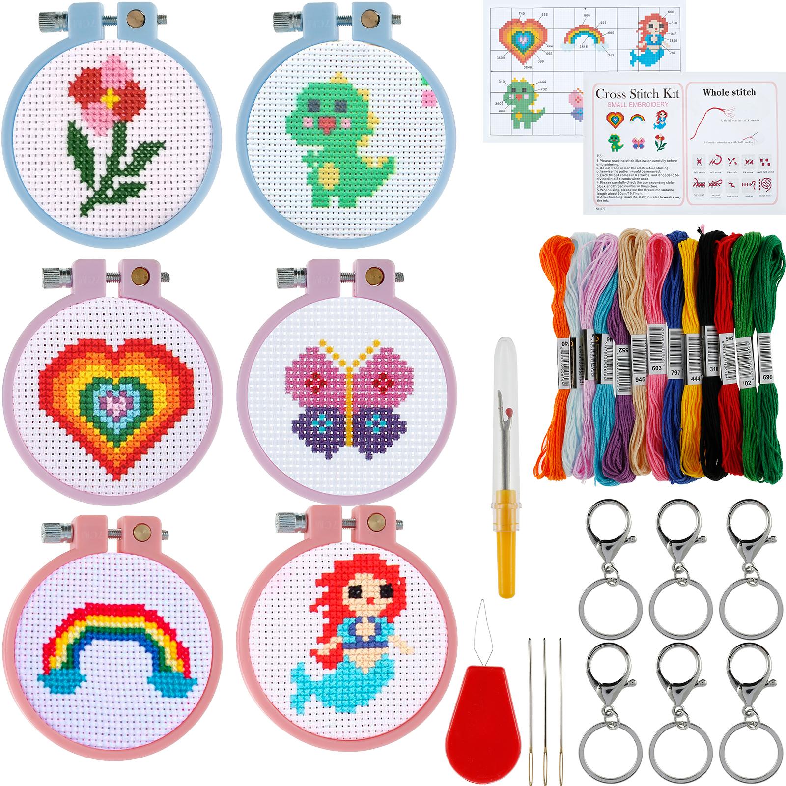 

6Pcs Embroidery Beginner Kits DIY Cross Stitch Set Embroidery Starter Kit Portable Needles Remover Threading Tool With Hoop Kids 2.5 inches