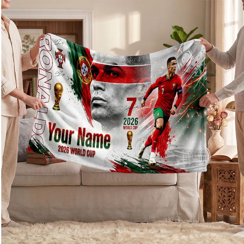 Coperta Personalizzata in Pile Cristiano Ronaldo con Logo Calcio, Testo Nome Personalizzato Morbida Calda Coperta da Divano per la Casa