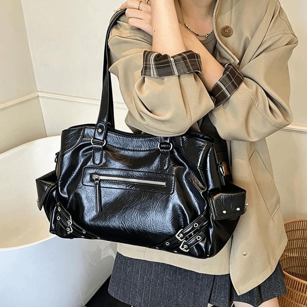 New Large Capacity PU Leather Tote Bag Soft Interior Zipper Closure Shoulder Bag Y2K Style Motorcycle Bag Daily Use