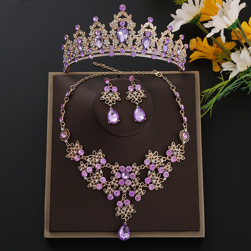 

Bridal Crown Three piece Set Alloy Necklace Earrings Birthday Crown Tiara Wedding Dress Accessories New