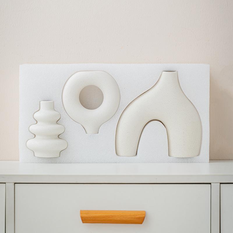 Bohemian Style, Three Piece Set, White, Ceramic Vase, Round, Geometric Design, Vase, Plain Fire, Set, New Vase