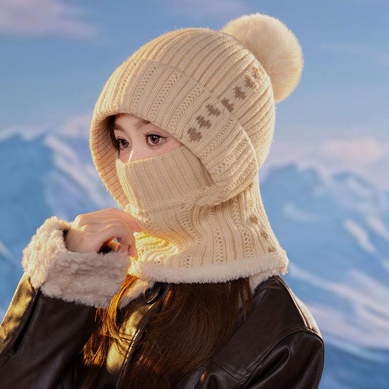 Fleece knitted warm hat women's outdoor cold scarf mask integrated hat winter cycling wool hat