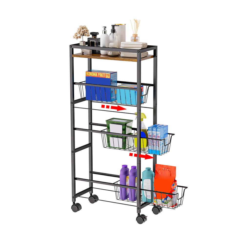 

Slim Storage Cart, 4 Tier Slim Rolling Storage Cart With Wheels Wood Top, Narrow Sliding Storage Laundry Cart With 3 Pull Out Baskets For Kitchen black