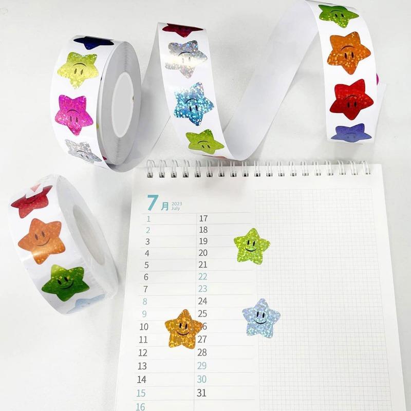 500pcs/roll Laser Star Smile Stickers Per Roll 25mm Reward Chart Decals Cute Labels for Kids Teachers Reward Stickers Decoration