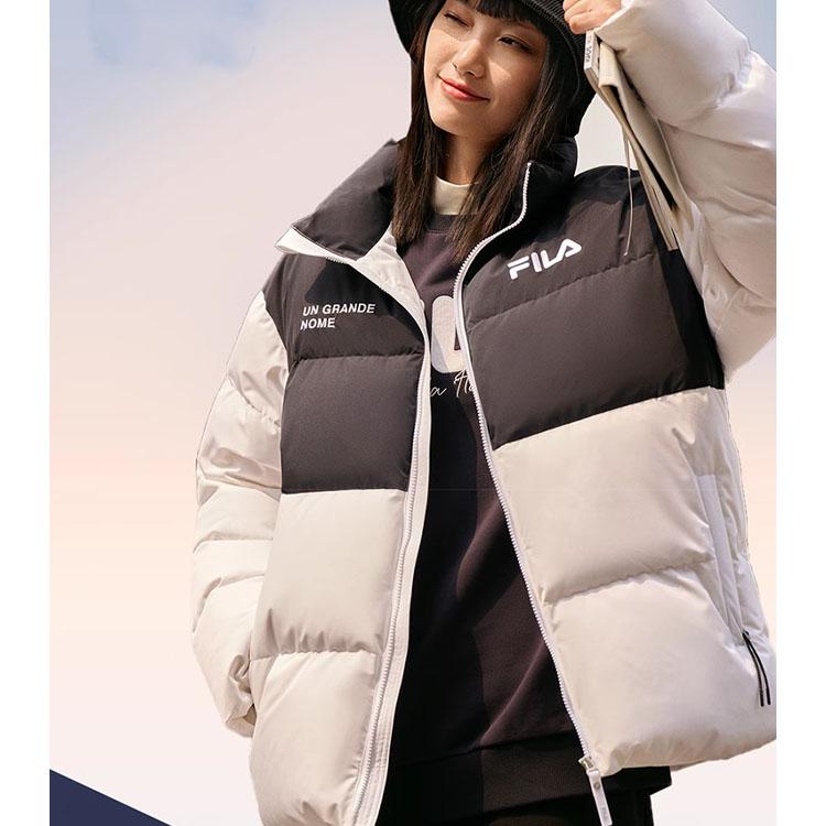 FILA Fleece Casual Simple Stand Collar Color Block Logo Long Sleeve Down Jacket Unisex Outerwear White F11U249903F-WT