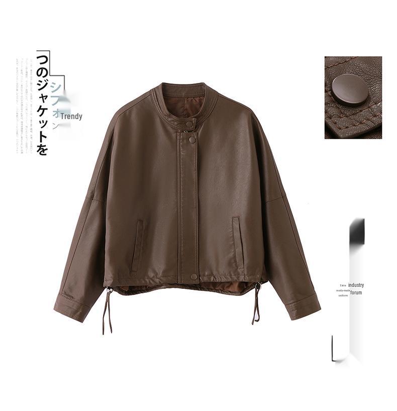 Women's Casual PU Leather Jacket with Stand Collar, Spring/Autumn 2025, Loose Fit, Small Size, XG9961
