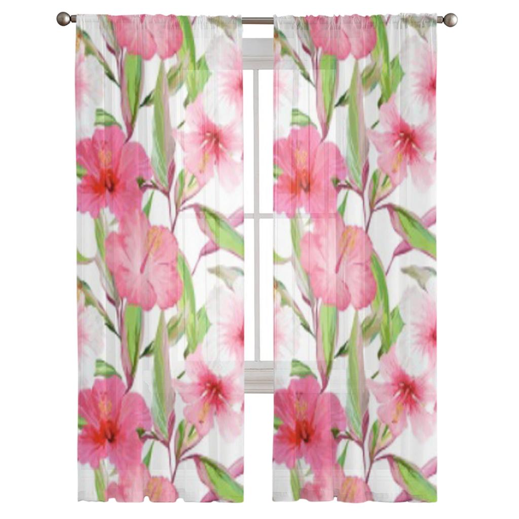 Tropical Flowers Leaves Sheer Curtains for Living Room Transparent Tulle Window Curtain Bedroom Kitchen Home Decor Veil Drapes