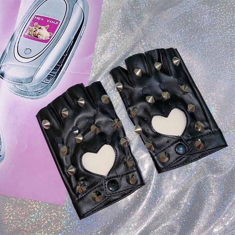 Fingerless Half-palm Gloves PU Leather Patent Leather Gloves Lolita Rivet Gloves  Hip-Hop
