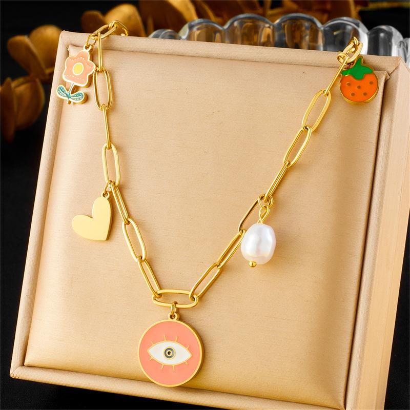 Cartoon Cute Painted Oil Drop Heart Flower Pearl Pendant Chain Titanium Steel Necklace one size