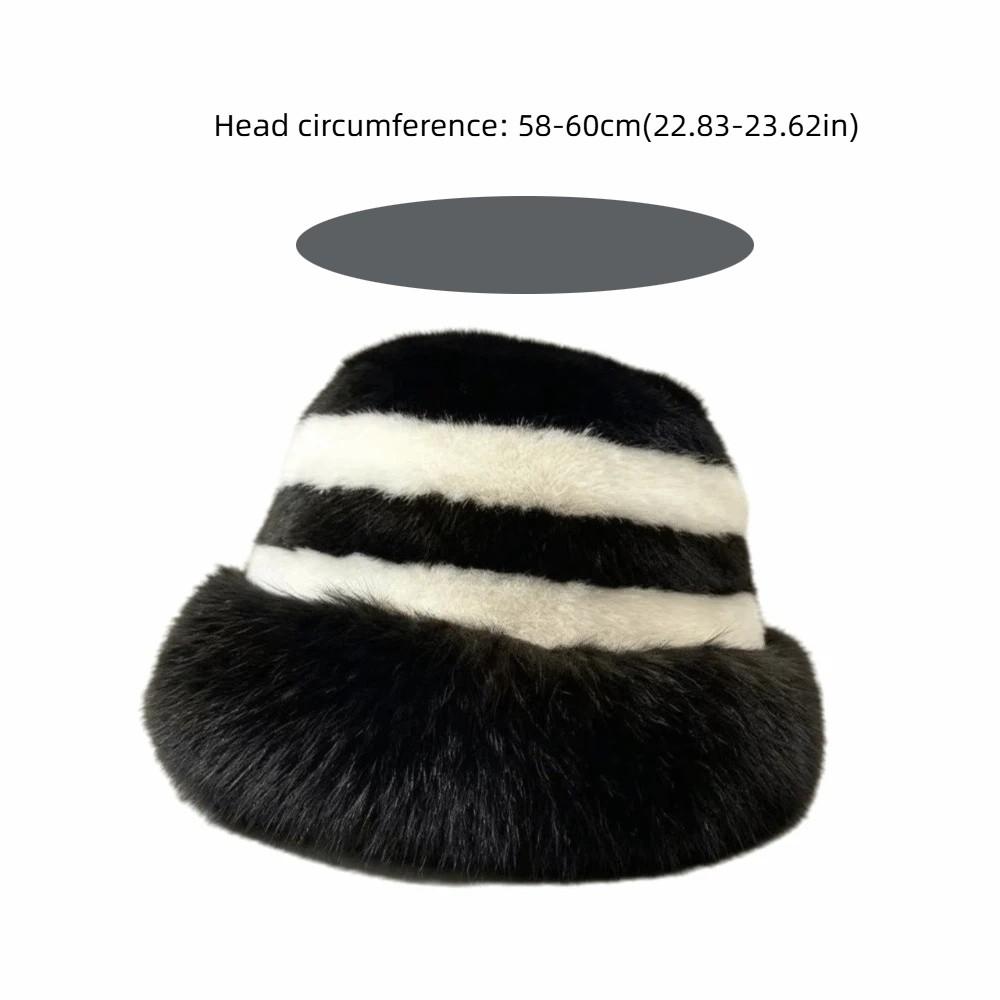 Wide Brim Fur Bucket Hat Faux Fur Striped Fisherman Cap Fashion Plush Hat Winter