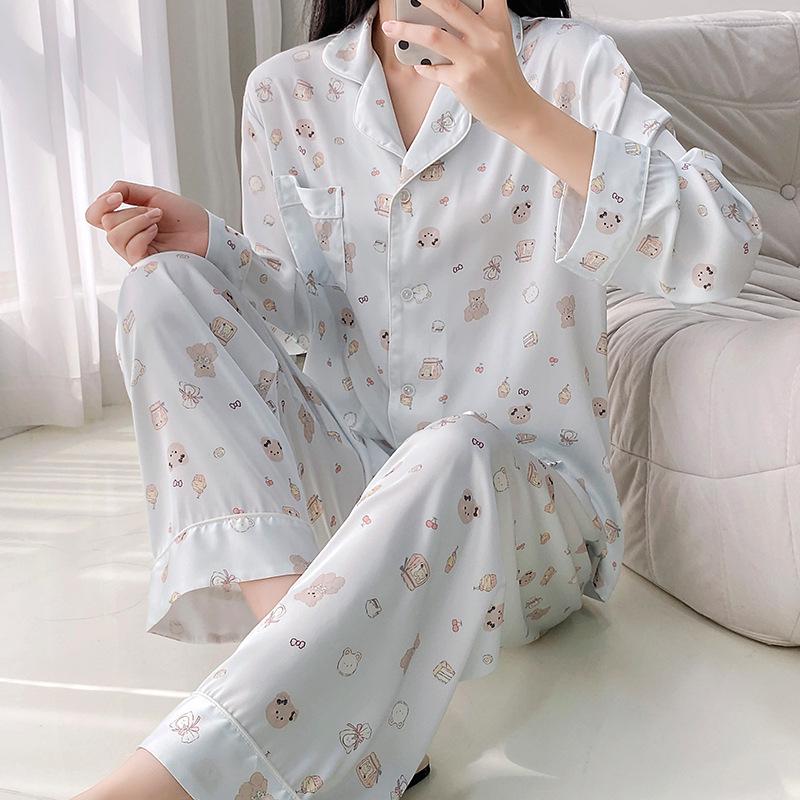 Women's Age-Defying Ice Silk Doll Print Pajama Set - Long Sleeve Autumn Sleepwear