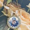 European and American New Blue Flower Round Glass Necklace, Versatile Light Luxury Fashion Ins Simple Accessory