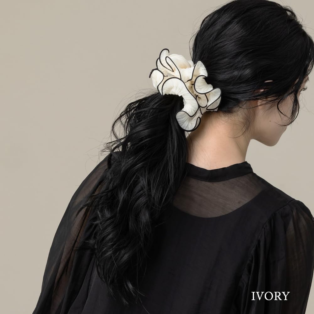 JewelVOX Scrunchie Hair Accessory for Organza and Chiffon with Design Women, Piping, Two-Tone (Ivory)