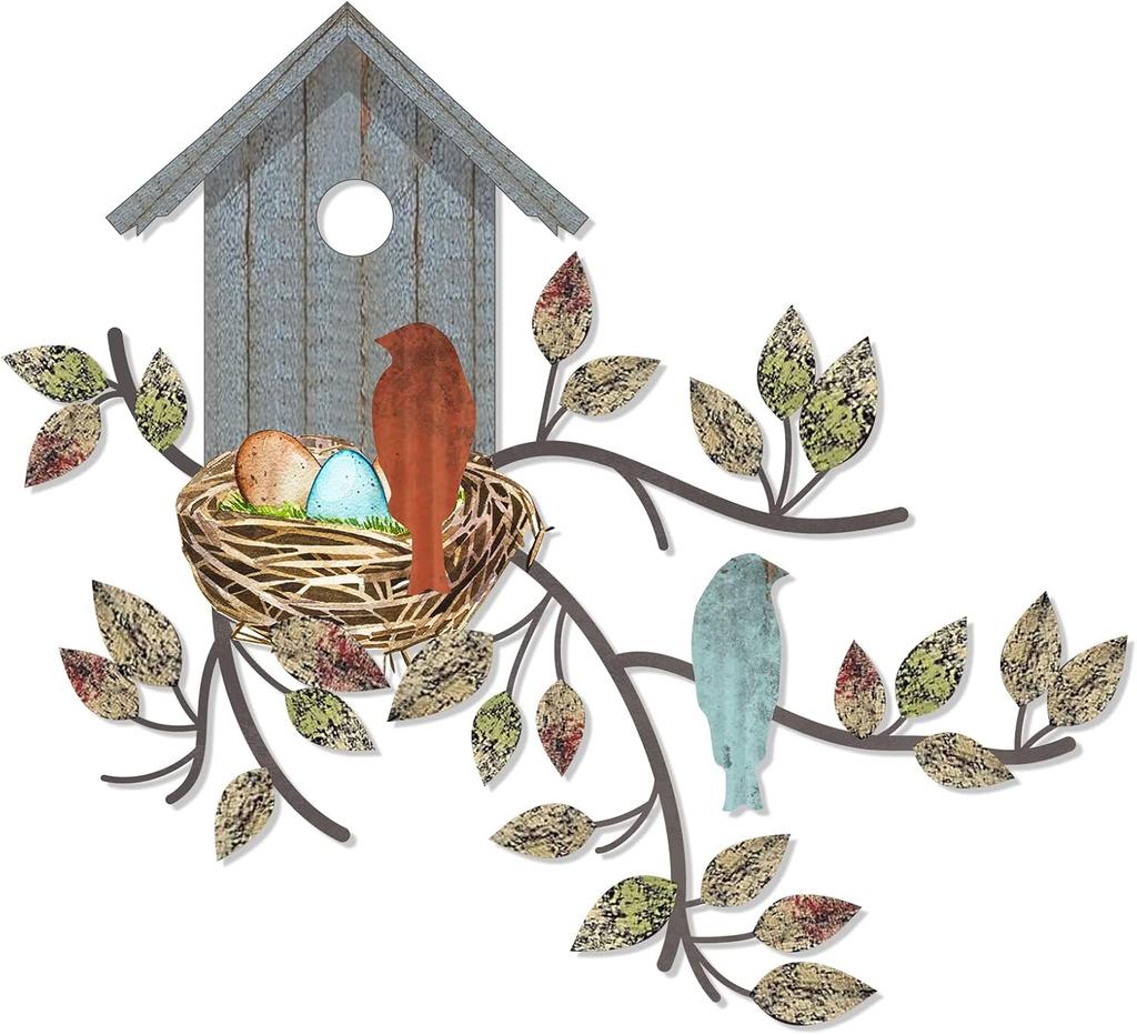 Peryiter Birds Wall Metal Decor Outdoor Art Hanging Metal Tree with Birdhouse for Living Room Tree Leaf Wall Decor for Indoor