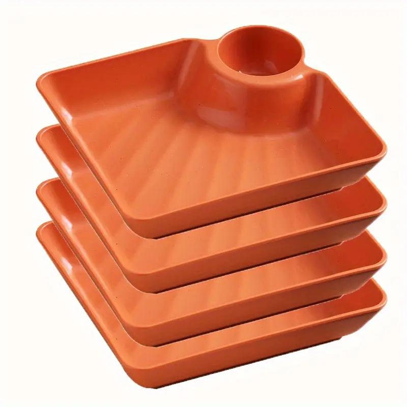 4Pcs Dumpling Plates With Sauce Dipping Compartment Square Plastic Serving Tray Tableware