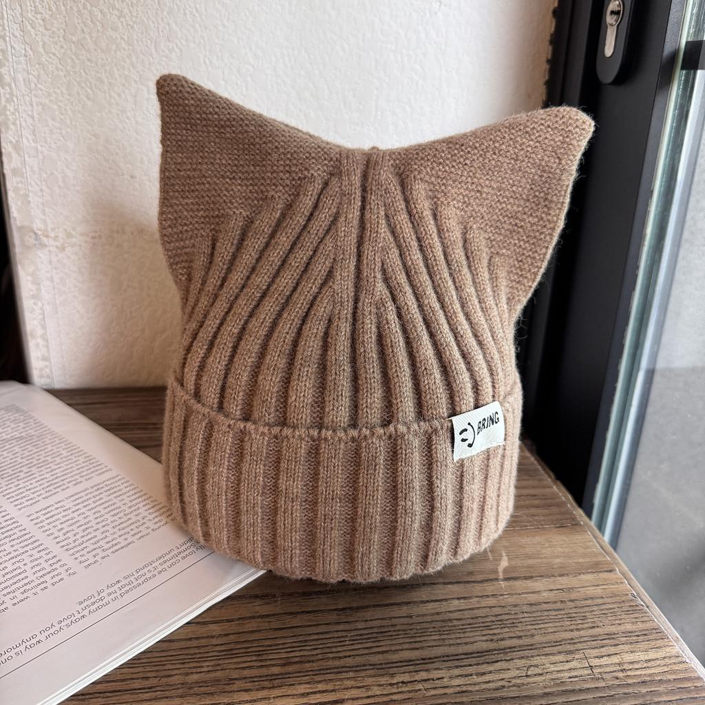 Cute Solid Cat Ears Shape Design Women Wool Knitting Hat For Fall Winter And