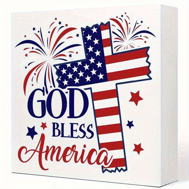 

Знак с американским флагом на 4 июля. Патриотический деревянный блок для ретро-декора стола и полки. чистый
