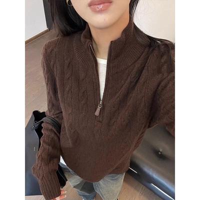 Korean Style Half-Zip Cable Knit Sweater for Women - Autumn/Winter 2024