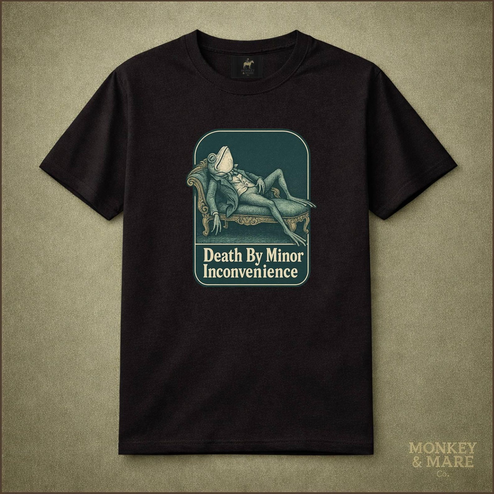 Victorian Frog Shirt, Death By Minor Inconvenience, Drama Queen Whimsical Humor Tee M