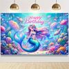 Mermaid Happy Birthday Background Photo Props, Happy Birthday Polyester Banner Decoration, Birthday Party Wall Decoration