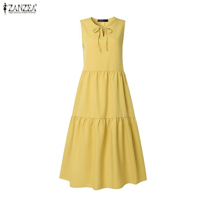 ZANZEA Women Casual Round Neck Loose Sleeveless Dress