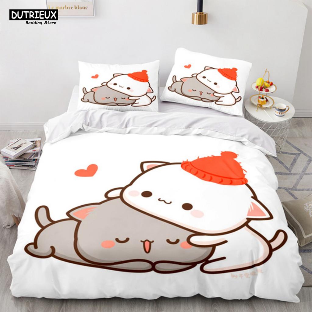 Lovely Peach Cat Bedding Set Cartoon Cute Bed Set Double Queen King Twin Full Size Duvet Cover Set Kids Girls Duvet Cover Gifts