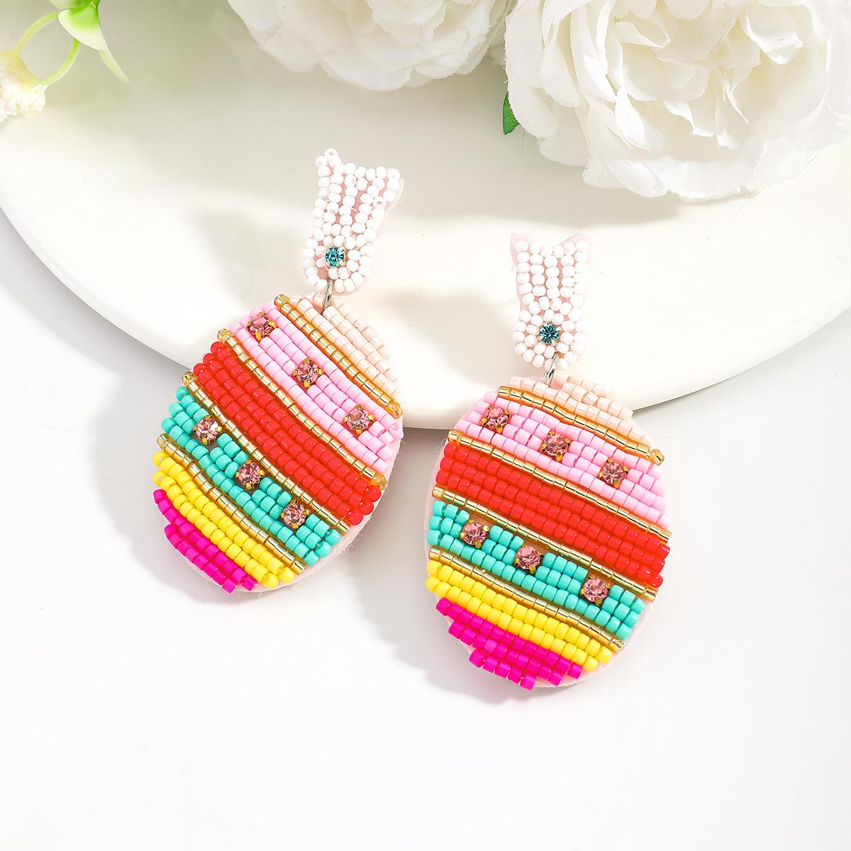 Handmade rice bead egg earrings exaggerated personality color matching flower sequined earrings female holiday versatile