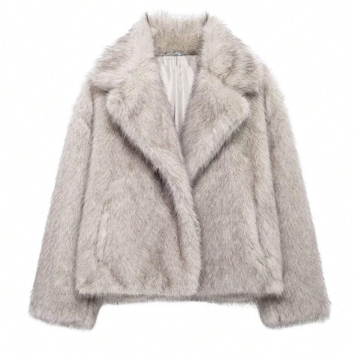 

Женская меховая куртка свободного кроя с лацканами и длинными рукавами для осени и зимы L серый
