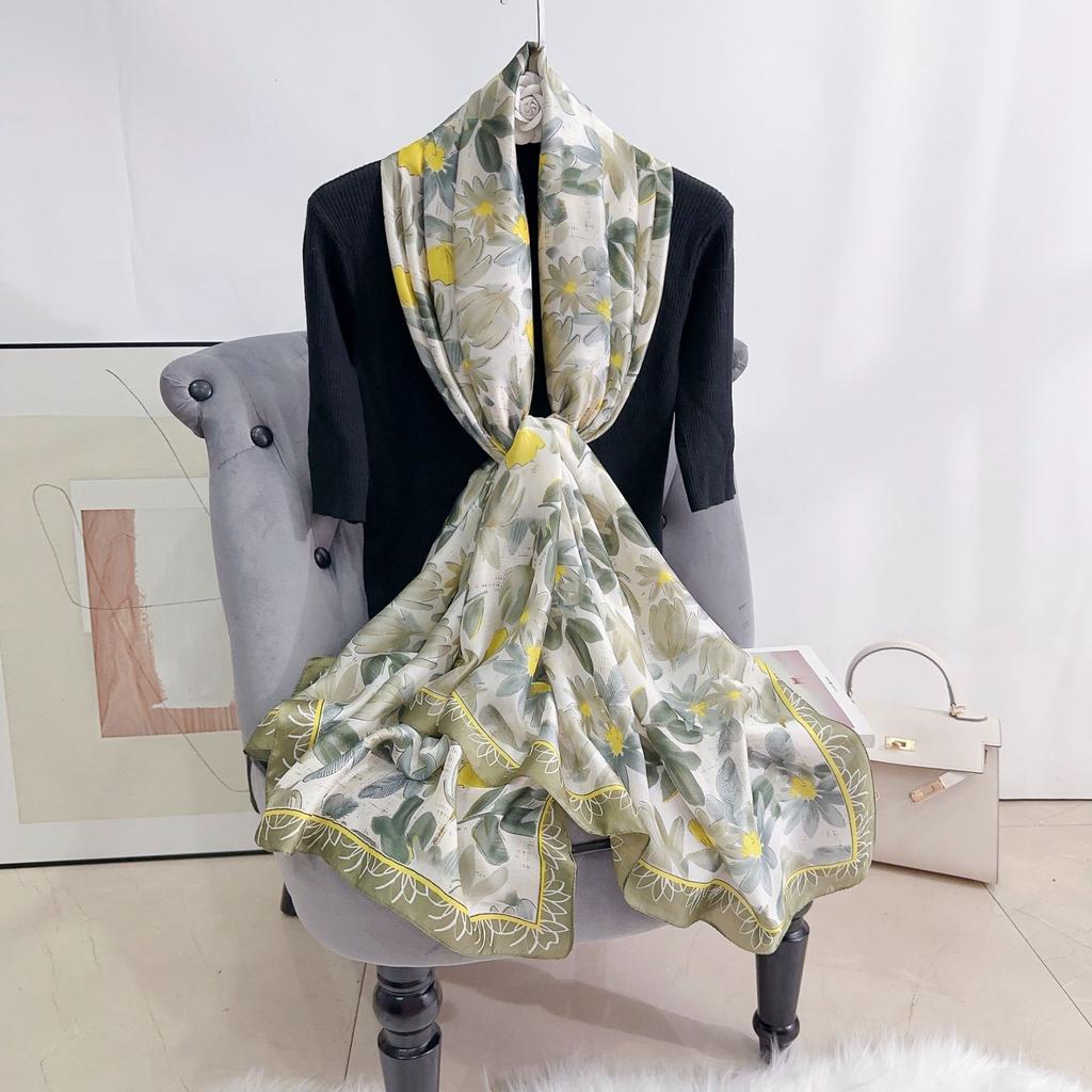 Flower Print Satin Scarf Imitation Silk Soft Skin Friendly Shawl Spring Autumn Casual Decoration Inelastic Neck Scarf