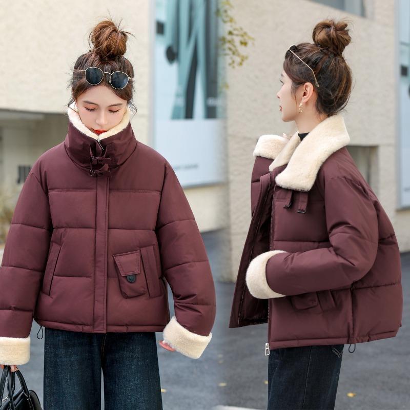 Winter Locomotive Style Casual Loose Imitation Lamb Wool Warm Short Lapel Cotton Coat Women