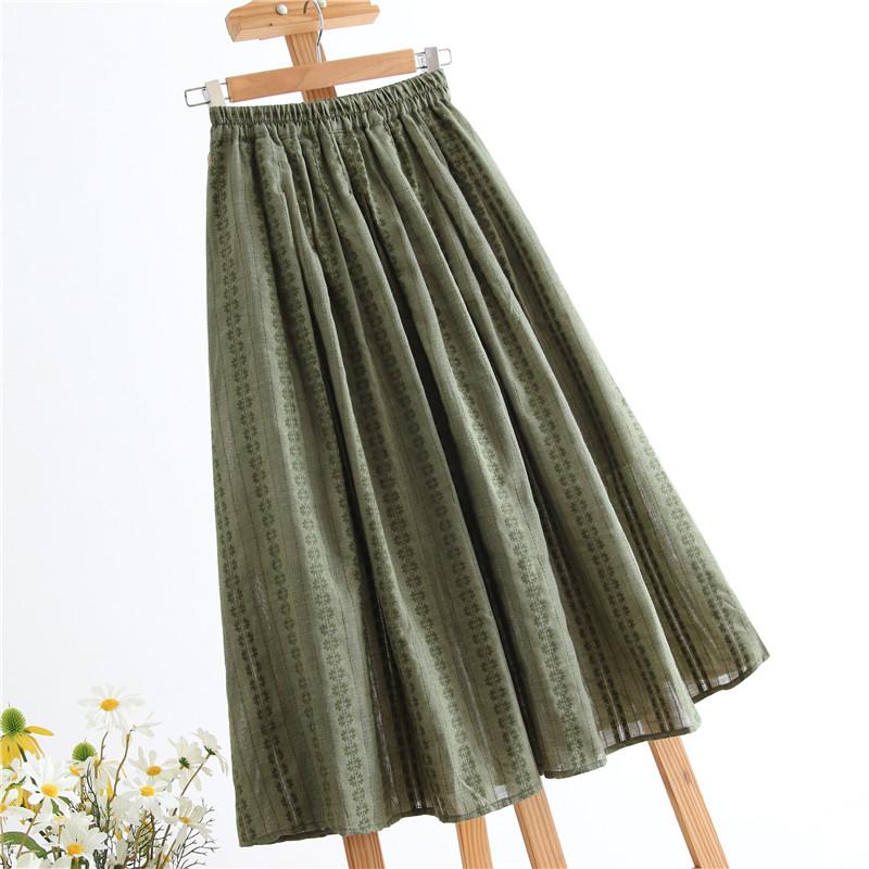 Mori Girl Spring Summer Women Cotton Linen Skirt High Waist Green Floral Printed Vintage Skirt All-Match Elegant Comfortable Skirt