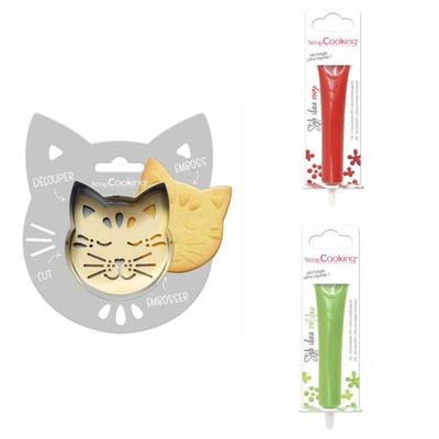 Cat Embossed Cookie Kit + 2 Red and Light Green Chocolate Pens