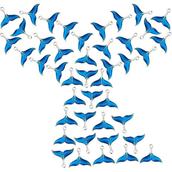 1 Box 50Pcs Fish Tail Charm Blue Mermaid Whale Dolphin Fishtail Sea Animals Ocean Alloy Enamel Pendants Plated AECH05-14309