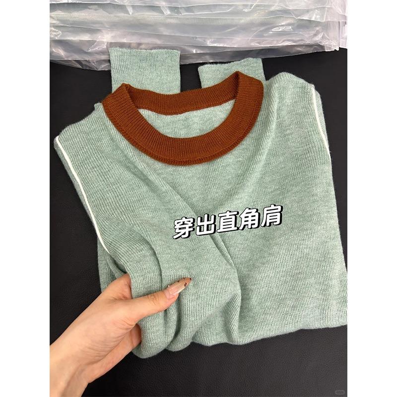 Crew neck contrasting knitted bottoming shirt women's spring slim-fitting soft waxy inner sweater age-reducing top