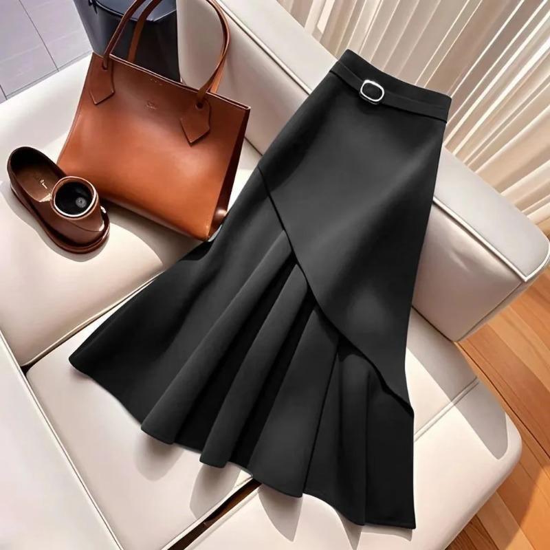 Damen Midi-Rock Hohe Taille Asymmetrischer Faltenrock Fischschwanzsaum
