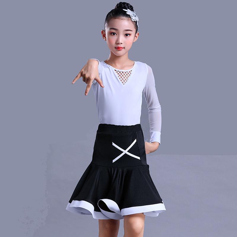 Girls' Exam Grade Latin Dance Costume Set - Long Sleeve Jumpsuit with Skirt for Autumn Practice