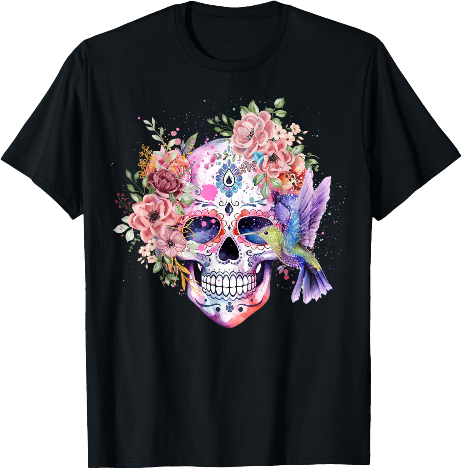 Sugar Skull Retro Flower with Hummingbird Halloween Gothic T-Shirt XXXXL