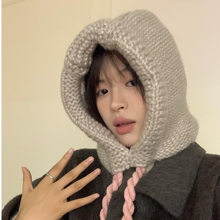Korean New Style Ins Balaclava Ear Protection Warm Knitted Pullover Hat Thick Thread Blue Wool Hat Men Korean
