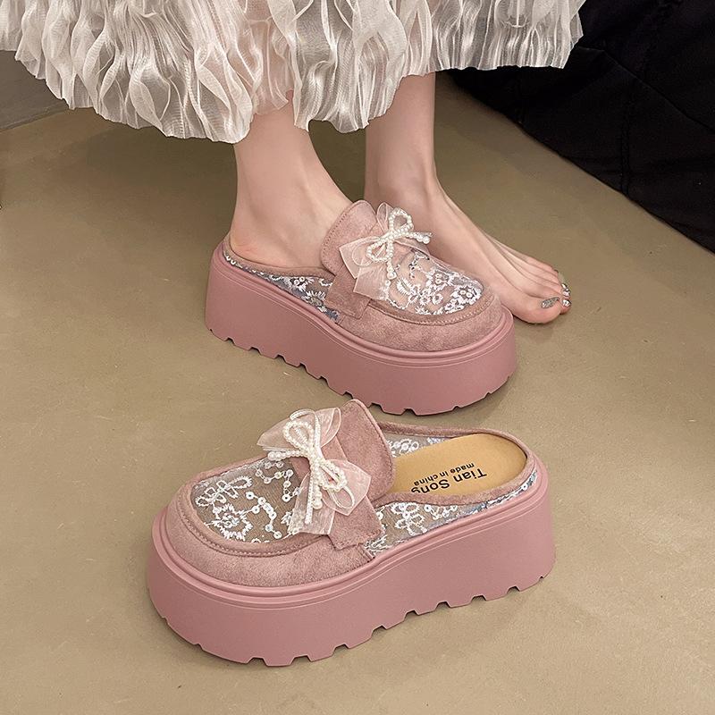 Temperament celebrity half slippers mesh yarn breathable bag head drag summer new wear Mary Jane shoes platform heightening sandals
