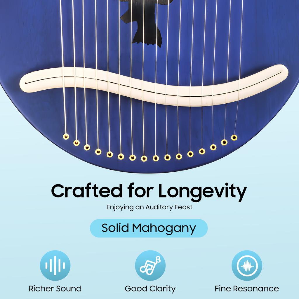 Blue 16 String Lyre Harp Solid Mahogany Antler Design Portable Musical Instrument for Adults Beginners Kids Gift Practice Travel